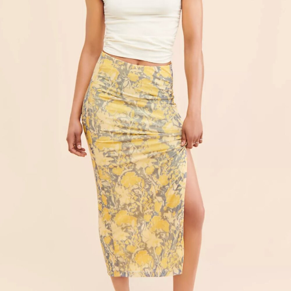 Free People Mesh Yellow and Grey Floral Midi Skirt size Small